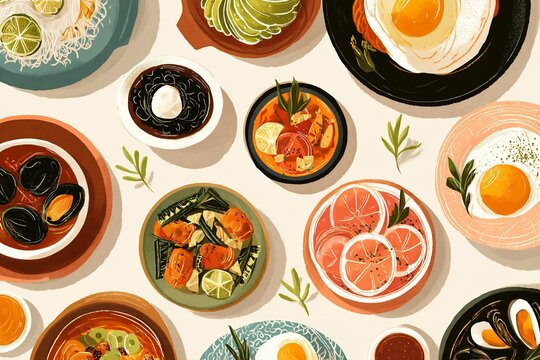 Illustrated Spanish food calendar concept monthly seasonal dishes styled graphically bold typography and minimal design