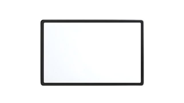 Photorealistic render of a digital tablet screen displaying a simple, empty photo frame UI element, transparent center, clean design, isolated on Transparent background