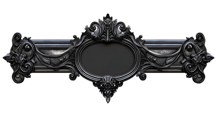 Photorealistic render of a heavy, cast iron style photo frame, ornate details, dark aged finish, horizontal orientation, empty center, isolated on Transparent background