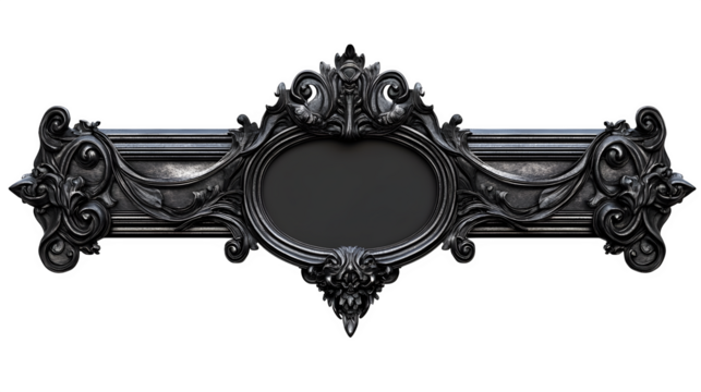 Photorealistic render of a heavy, cast iron style photo frame, ornate details, dark aged finish, horizontal orientation, empty center, isolated on Transparent background