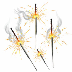 Watercolor Sparkler Fireworks Display Against White Background