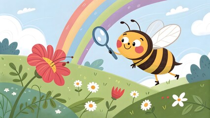 Smiling Bee Exploring Flower with Magnifying Glass