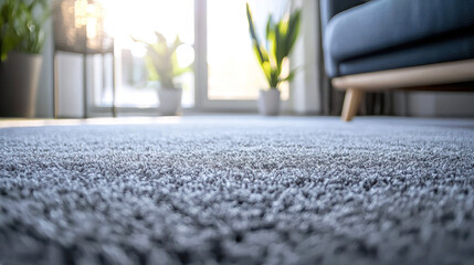 A gray carpet with a blue sofa and green plants in a living room