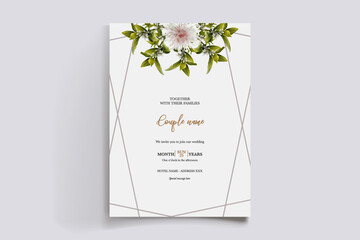 WEDDING INVITATION FRAME WITH FLOWER DECORATIONS AND FRESH LEAVES