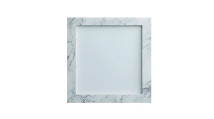 Photorealistic render of a square photo frame made from smooth, polished white marble with subtle grey veining, minimalist luxury, empty center, soft ambient light, isolated on Transparent background