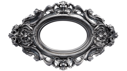 Photorealistic render of a heavy, ornate silver photo frame with intricate filigree details, antique style, oval shape, empty center, dramatic lighting, isolated on Transparent background