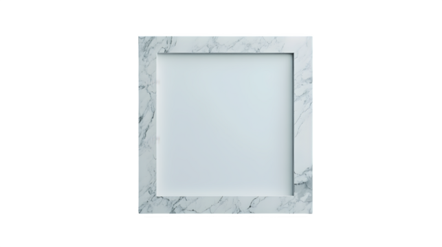 Photorealistic render of a square photo frame made from smooth, polished white marble with subtle grey veining, minimalist luxury, empty center, soft ambient light, isolated on Transparent background