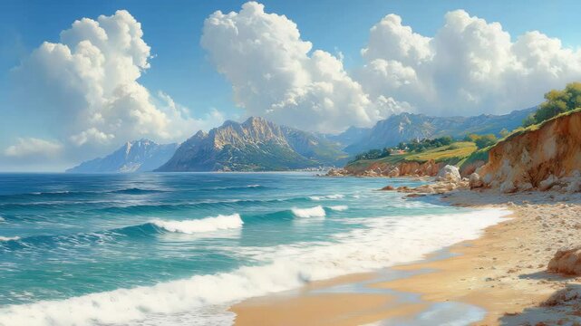Waves crash gently on a sandy beach as lush hills rise in the background, creating a stunning tableau of nature's beauty. The perfect retreat for those seeking tranquility and inspiration.