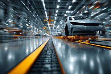 high definition photograph of electric vehicle on assembly line in modern factory, showcasing advanced manufacturing technology and automation
