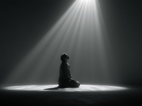 person sitting in dark, illuminated by beam of light, evokes sense of contemplation and serenity. contrast between light and shadow creates dramatic atmosphere