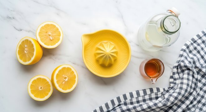 Lemon Juice Recipe with Juicer and Marble Background - Powered by Adobe