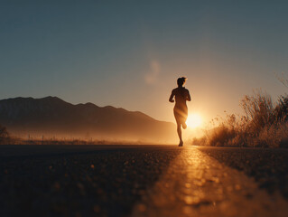 solo runner mid stride at sunrise, showcasing determination and freedom in open landscape. warm glow of sun enhances serene atmosphere