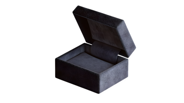 Ultra-realistic 3D render of a small, open ring box made of dark velvet, empty, showing detailed soft lining texture, dramatic spotlight effect, 8K resolution, isolated on Transparent background