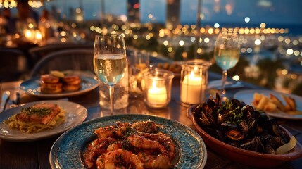 Nighttime Spanish food experience candlelit rooftop terrace Barcelona seafood and cava with city skyline in background