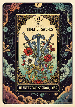 Three of Swords Tarot Card Art