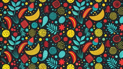 Vibrant Abstract Floral and Geometric Pattern Design Featuring Bold Colors and Organic Shapes on a Dark Background