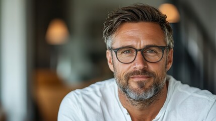 A handsome man with a well-groomed beard and stylish glasses smiles warmly at the camera, set against a cozy backdrop that suggests comfort and sophistication.
