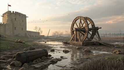 Ancient Siege Engine near Fortress with Misty Background Landscape
