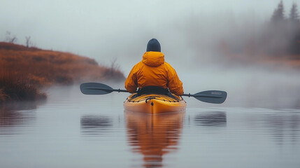 Person in Yellow Jacket Kayaking on Misty Lake at Dawn