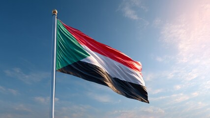 Flying flag of Sudan waving against a clear blue sky during daytime