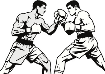 Dynamic Vector Line Art of Two Boxers Sparring in a Boxing Ring – Full Body Action Scene