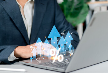 Interest rate and dividend concept. Women and percentage symbols and an up arrow, interest rates...
