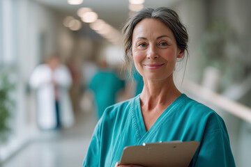 Happy Nurse Holding Clipboard in Hospital