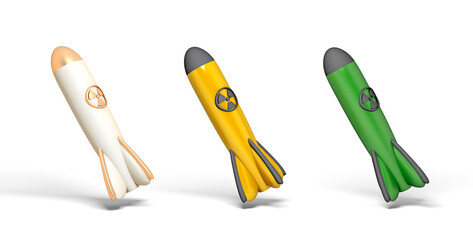 Nuclear Missile 3d Icon set with white, yellow and green nuclear bomb