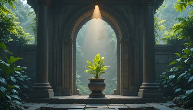 This captivating scene by Vangly portrays a solitary potted plant bathed in soft light within an ancient stone temple, enveloped by vibrant green foliage. The juxtaposition of sacred architecture 