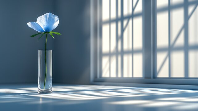 Light-filled room, a pale blue flower in a clear cylinder vase by a window - Powered by Adobe