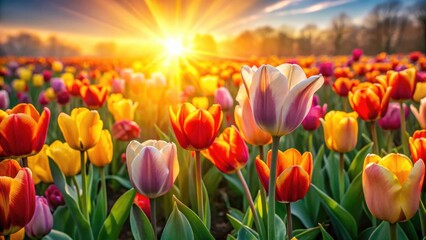 Obraz premium A vibrant field of colorful tulips bathed in the golden light of a breathtaking sunrise, showcasing nature's beauty at its finest