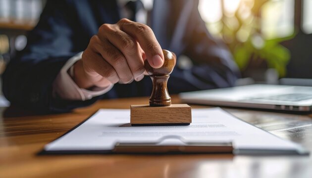Legal Approval: A close-up shot of a person's hand firmly pressing a wooden stamp onto an official document, a clear sign of approval and legal authorization, emphasizing the finality of the process.