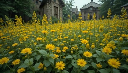 Obraz premium This striking composition features vibrant yellow flowers set against a deep green, textured historical backdrop. The natural contrast between sunny blossoms and the aged patina of the background 