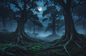 Mystical Moonlit Forest with Ancient Twisted Trees