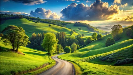 Fototapeta premium Serene Country Road Winding Through Lush Green Rolling Hills Under a Dramatic Sunset Sky