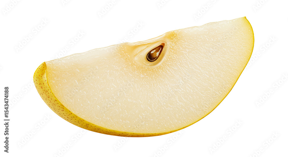 Poster A single slice of ripe pear with a seed isolated on a black background