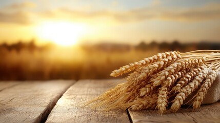 A serene collection of golden wheat ears illuminated by the sun highlights the beauty of nature and the richness of agricultural abundance.