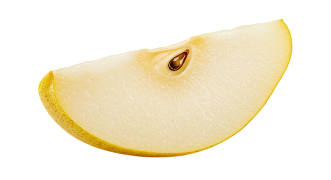 A single slice of ripe pear with a seed isolated on a black background
