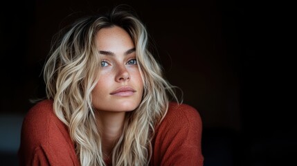 A captivating portrait of a woman with flowing blonde hair and a soft expression, embodying beauty, confidence, and a sense of calm and serenity.