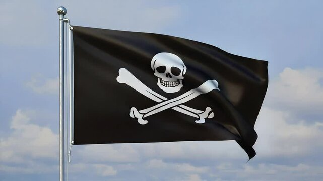 A black pirate flag with a white skull and crossbones design. The flag flutters against a blue sky with clouds, symbolizing piracy and adventure.