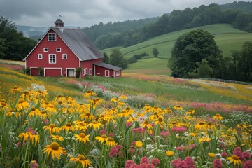 Red barn surrounded by colorful wildflowers under a cloudy sky in a rural landscape