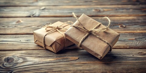 Rustic Charm Two Simply Wrapped Presents Resting on a Weathered Wooden Surface
