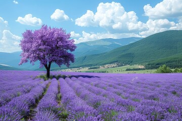 Lavender fields bloom under a bright sky with one vibrant tree in the foreground
