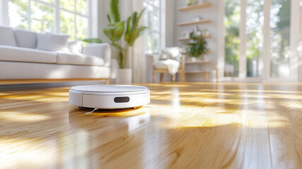 Sleek modern living room with robotic vacuum and sunlight streaming through large windows in automated home. Robotics and automation