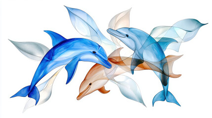 Obraz premium Playful dolphins swimming gracefully in stained glass style, showcasing vibrant colors and fluid shapes