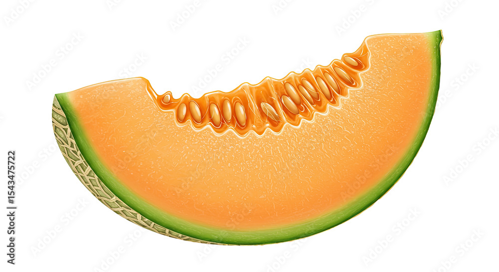 Poster a single slice of ripe cantaloupe melon with seeds and a bite taken out