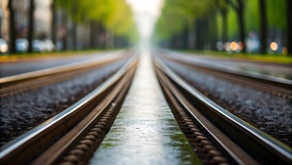 Tram tracks leading through a tree lined avenue