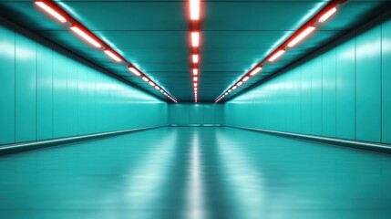 This striking image captures a long, futuristic tunnel illuminated by vibrant teal and red lights, creating a mesmerizing atmosphere in an abstract environment.