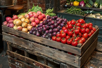 Freshly harvested produce displayed in a rustic wooden crate at a local market