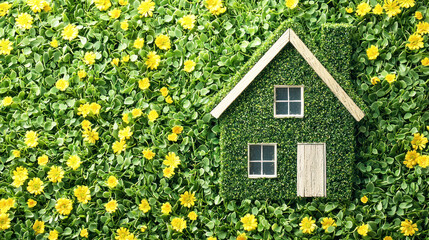 Fototapeta premium A small wooden house made of green leaves and flowers, surrounded by a field of yellow flowers.
